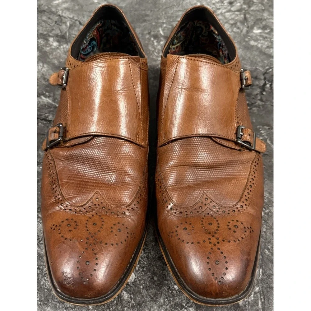 Stacy Adams Mens Lavine Double Monk‎ Strap Wingtip Leather Shoes Chestnut Sz 11M